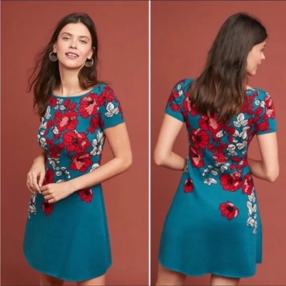 Anthropologie Maeve Allison Teal Floral Knit Sweater Dress Sz Small EUC Holiday